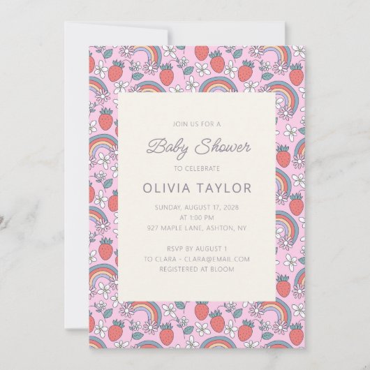 Pink Strawberry Rainbow Retro Baby Shower Kaart (Voorkant)