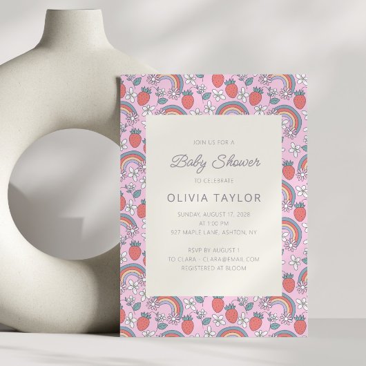 Pink Strawberry Rainbow Retro Baby Shower Kaart