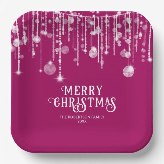 Pink String Lights Kerstfeest Papieren Bordje (Voorkant)