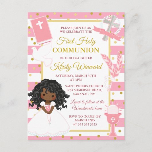 Pink Stripe African American Girl First Commune Briefkaart (Voorkant)