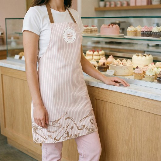 Pink Stripe Bakery Logo Hand Drawn Baking Utensils Schort