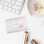 Pink Stripe & Blush Peony Business Card Holder Visitekaarthouder<br><div class="desc">This sleek and feminine business card holder features a delicate pink stripe background, vals gold border, and a group of peonies in pretty blush tones. Coordinates with our Pink Stripe & Blush Peony uitnodiging suites, office smece, home goods and accessories — matching business cards available in both regular and magnetic...</div>