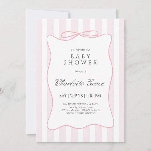 Pink Stripe Bow Baby shower Uitnodiging (Voorkant)
