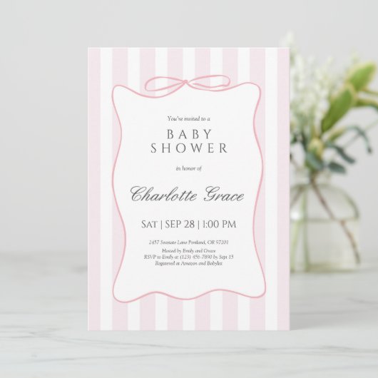 Pink Stripe Bow Baby shower Uitnodiging (Staand voorkant)