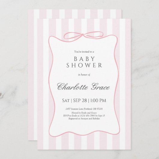 Pink Stripe Bow Baby shower Uitnodiging (Voorkant / Achterkant)
