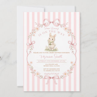 Pink Stripe Bunny Daisy Baby Shower Invitation Kaart