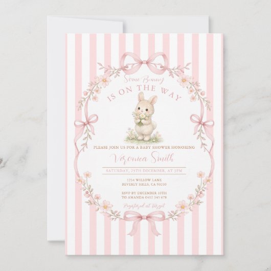 Pink Stripe Bunny Daisy Baby Shower Invitation Kaart (Voorkant)