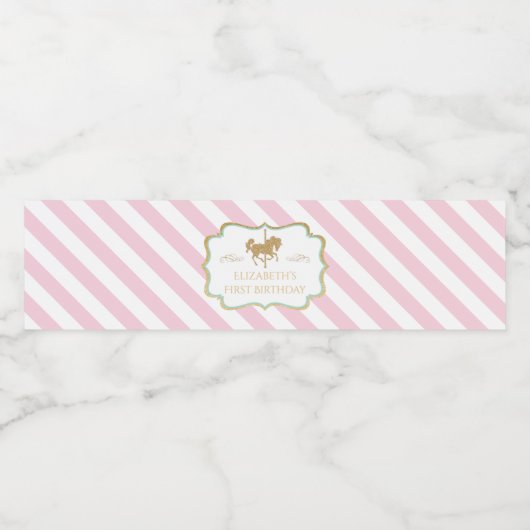 Pink Stripe Carousel Themed Water Bottle Labels Waterfles Etiket (Enkel label)