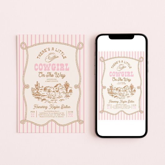 Pink Stripe Cowgirl Baby Shower Invitation Kaart