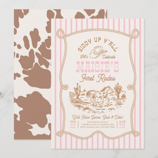 Pink Stripe Cowgirl Birthday Invitation Kaart (Voorkant / Achterkant)