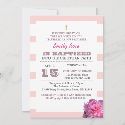 Pink Stripe en Peony Girl Doop uitnodiging (Voorkant)