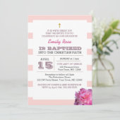 Pink Stripe en Peony Girl Doop uitnodiging (Staand voorkant)