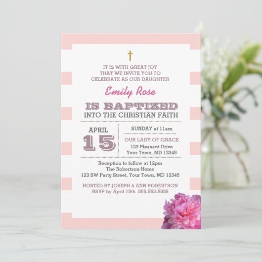 Pink Stripe en Peony Girl Doop uitnodiging (Staand voorkant)
