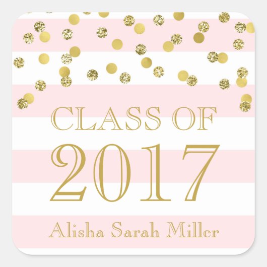 Pink Stripe Gold Confetti Afstuderen Klasse van 20 Vierkante Sticker (Voorkant)