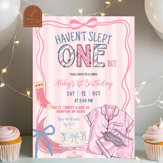  Pink Stripe Haven't slept one bit 1st birthday Kaart