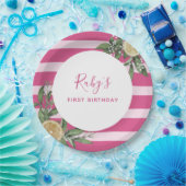 Pink Stripe Lemon Citrus eerste verjaardagsfeestje Papieren Bordje (Feest)