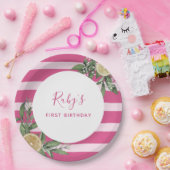 Pink Stripe Lemon Citrus eerste verjaardagsfeestje Papieren Bordje (Feest)