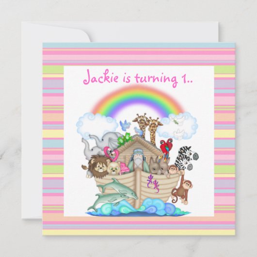 PINK STRIPE NOAHS ARK INVITATION KAART (Voorkant)