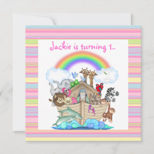 PINK STRIPE NOAHS ARK INVITATION KAART