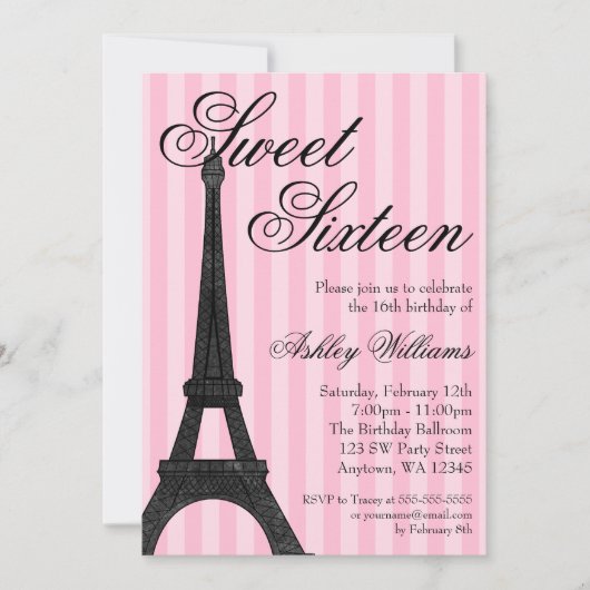 Pink Stripe Paris thema Sweet 16 Verjaardag Kaart (Voorkant)
