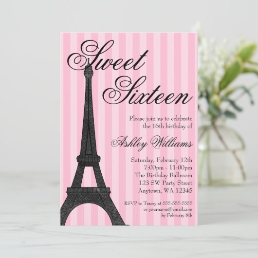 Pink Stripe Paris thema Sweet 16 Verjaardag Kaart (Staand voorkant)
