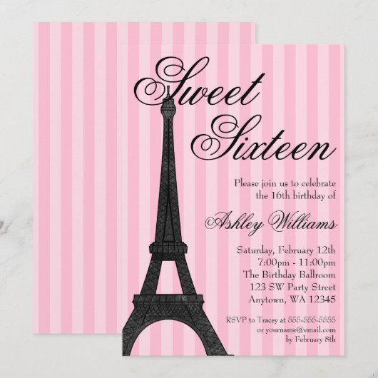 Pink Stripe Paris thema Sweet 16 Verjaardag Kaart (Voorkant / Achterkant)