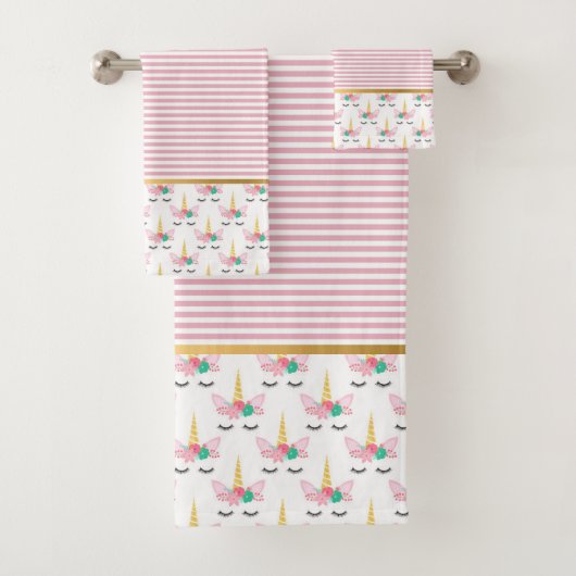 PINK STRIPE UNICORN GOLD BATHROOM TOWEL SET BAD HANDDOEK (Insitu)
