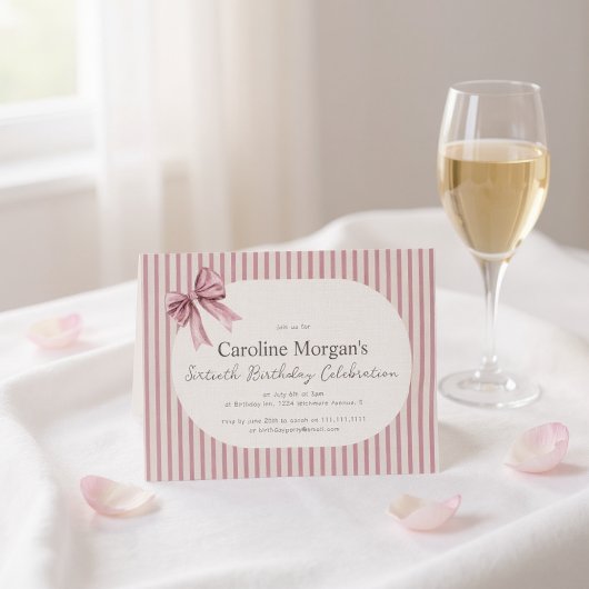 Pink Striped Bow 60th Birthday Celebration  Kaart