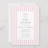 Pink Striped Bow Baby Shower Invitation Kaart (Voorkant)