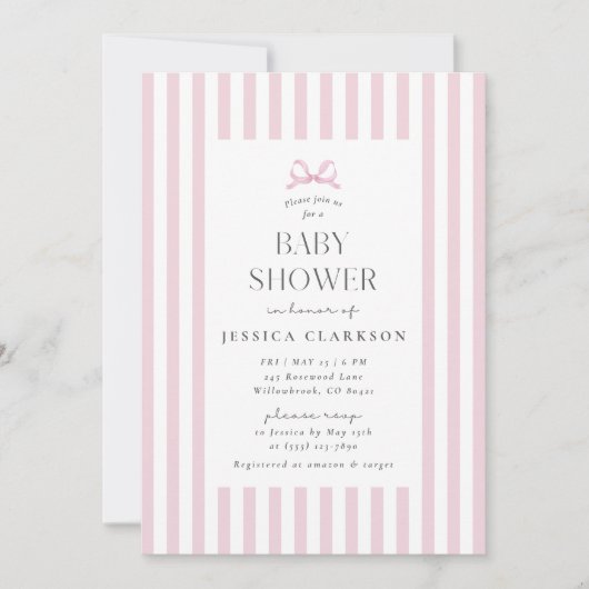 Pink Striped Bow Baby Shower Invitation Kaart (Voorkant)