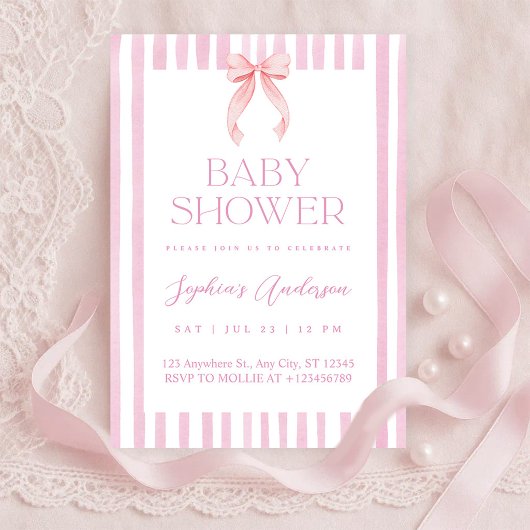 Pink Striped Bow Baby Shower Kaart
