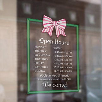 Pink Striped Bow Green Frame Open Hours Number Raamsticker
