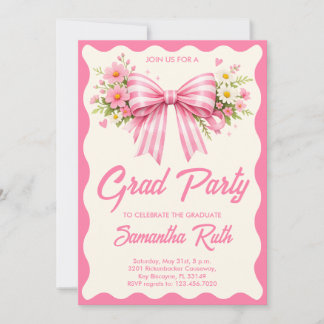 Pink Striped Bows & Ribbons Graduation Party Kaart