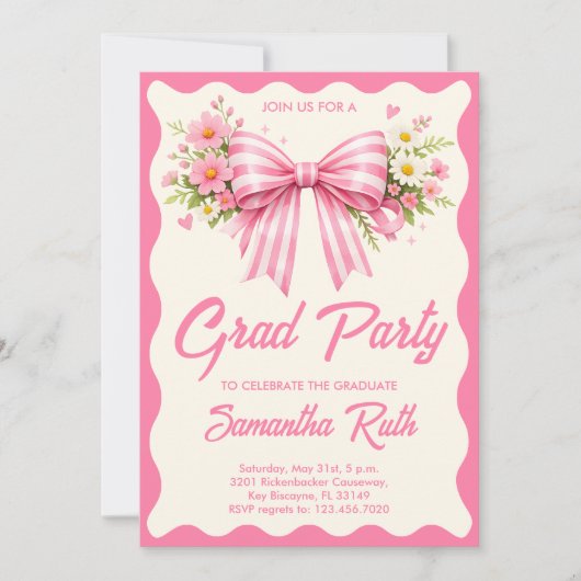Pink Striped Bows & Ribbons Graduation Party Kaart (Voorkant)