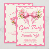 Pink Striped Bows & Ribbons Graduation Party Kaart (Voorkant / Achterkant)