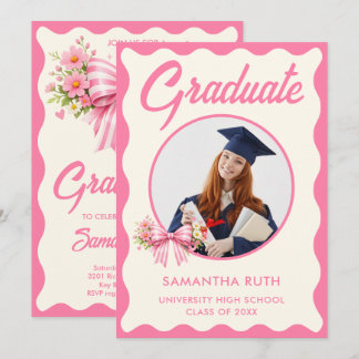 Pink Striped Bows & Ribbons Graduation Photo Kaart