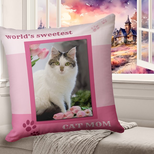 Pink Striped Cat Mam Foto Pillow Kussen (A sweet pink striped pillow featuring your own favorite cat photo and cute paw prints)