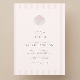 Pink striped coast shell baptism Invitation Kaart