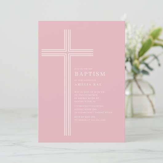 Pink Striped Cross Baptism Kaart (Staand voorkant)