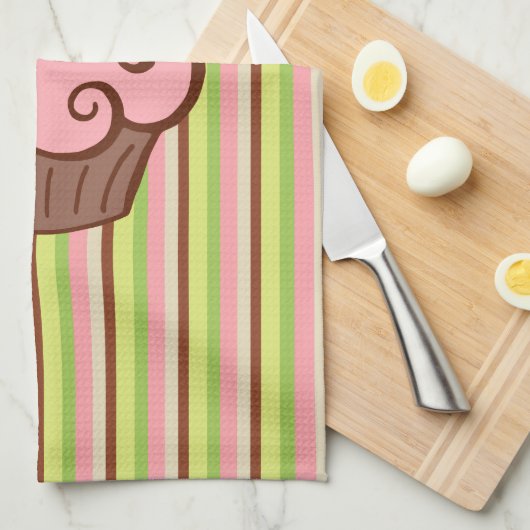 Pink Striped Cupcake Kitchen Towel  Theedoek (Quarter Fold)