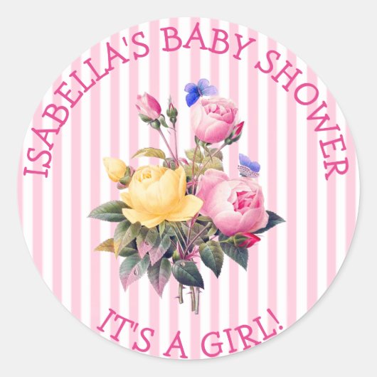 PInk Striped Floral Chic Baby shower Sitckers Ronde Sticker (Voorkant)