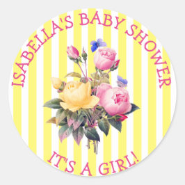 PInk Striped Floral Chic Baby shower Sitckers Ronde Sticker