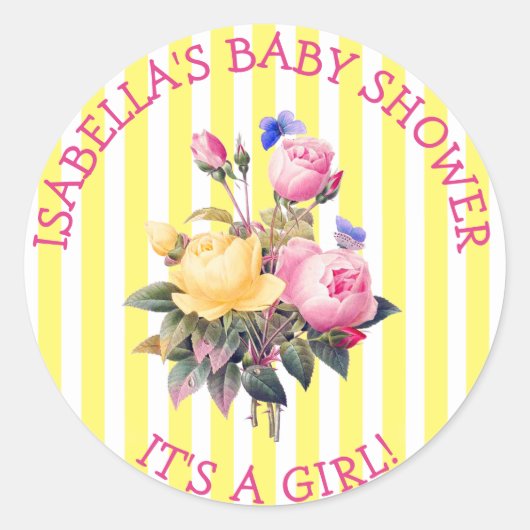 PInk Striped Floral Chic Baby shower Sitckers Ronde Sticker (Voorkant)