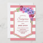 Pink Striped Floral Surprise Birthday Party Kaart (Voorkant)