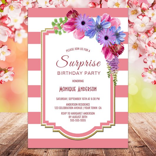 Pink Striped Floral Surprise Birthday Party Kaart