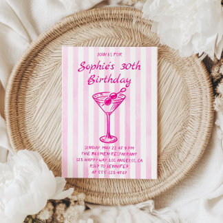 Pink Striped Martini 30th Birthday – Chic Adult  Kaart