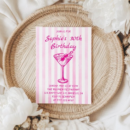 Pink Striped Martini 30th Birthday – Chic Adult  Kaart