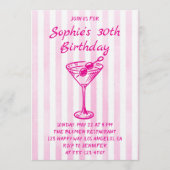 Pink Striped Martini 30th Birthday – Chic Adult  Kaart (Voorkant)