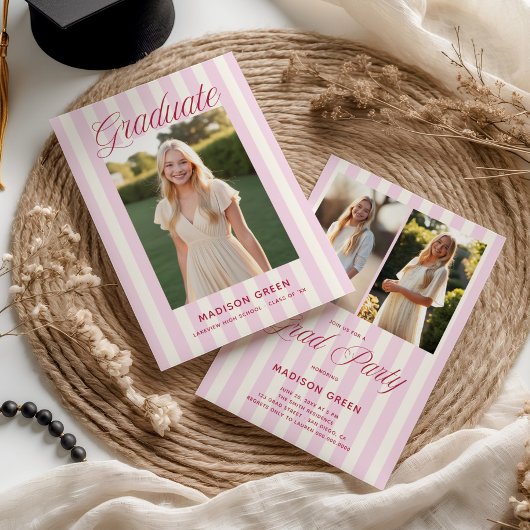 Pink Striped Preppy Graduation Kaart