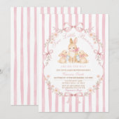 Pink Striped Twins Bunnies Baby Shower Invitation Kaart (Voorkant / Achterkant)